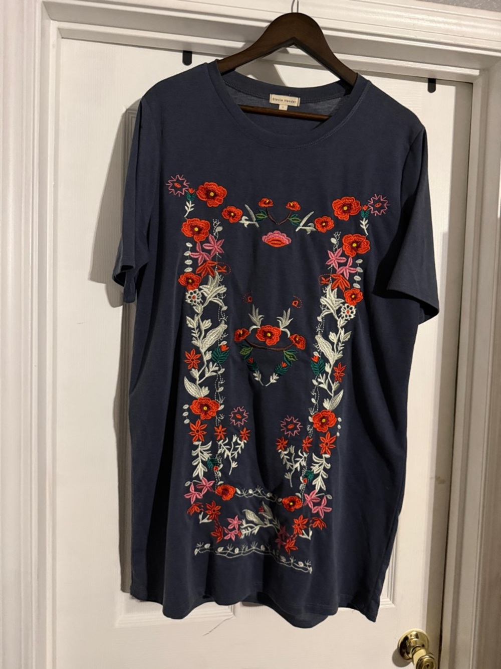 Stevie Hender Navy Short Sleeve tunic/dress/Tee with Red Floral Embroidery